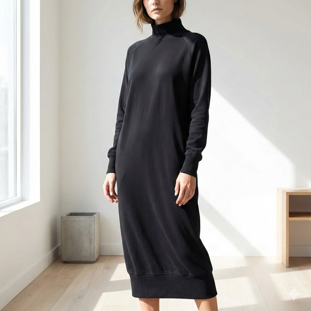thom/krom Black Oversized Mock Neck Cotton Sweatshirt Midi Dress - One Size